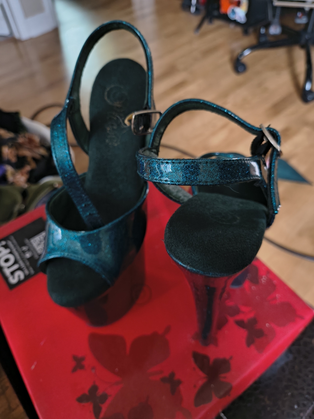 Pleaser Teal Glitter Platform Slingback Pumps